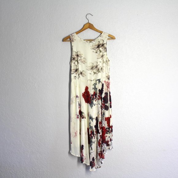 Anthropologie Asymmetrical Dress in Cream and Red Floral - Picture 3 of 12